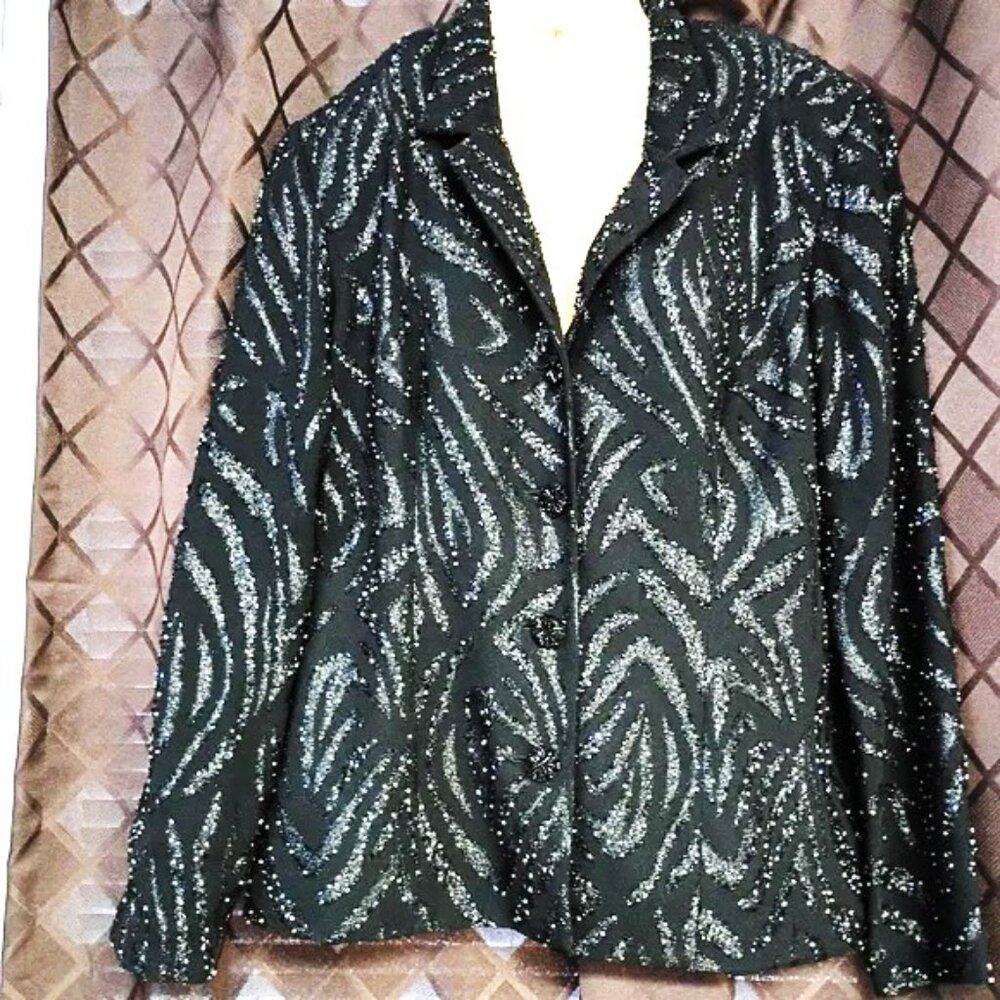 ❤️VINTAGE AFTER DARK Black Micro Bead Holiday Dress Up Blazer Jacket SZ 12